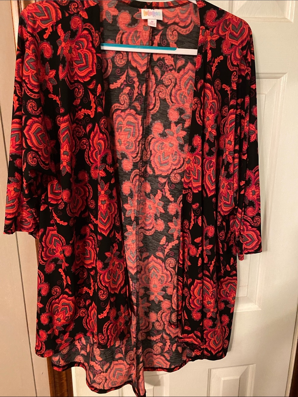 LuLaRoe Black and Red Paisley Open-Front Cardigan